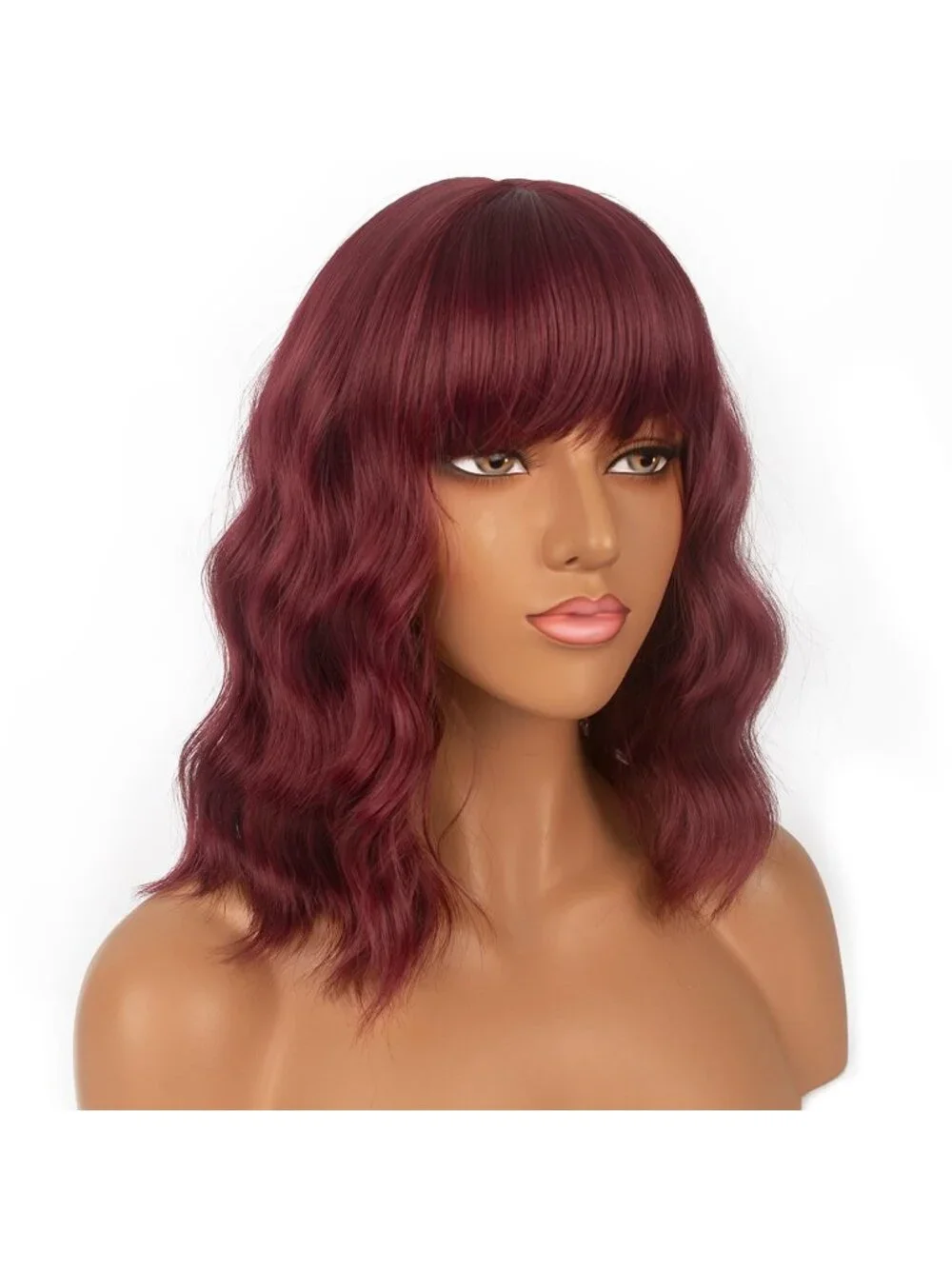Women's Auburn Shoulder Length Synthetic Loose Wavy Short Bob Wigs Bangs